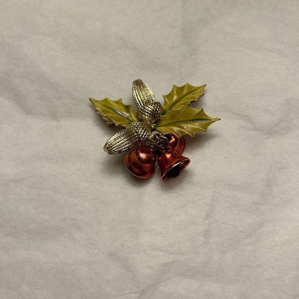 Festive Holly and Bells Brooch